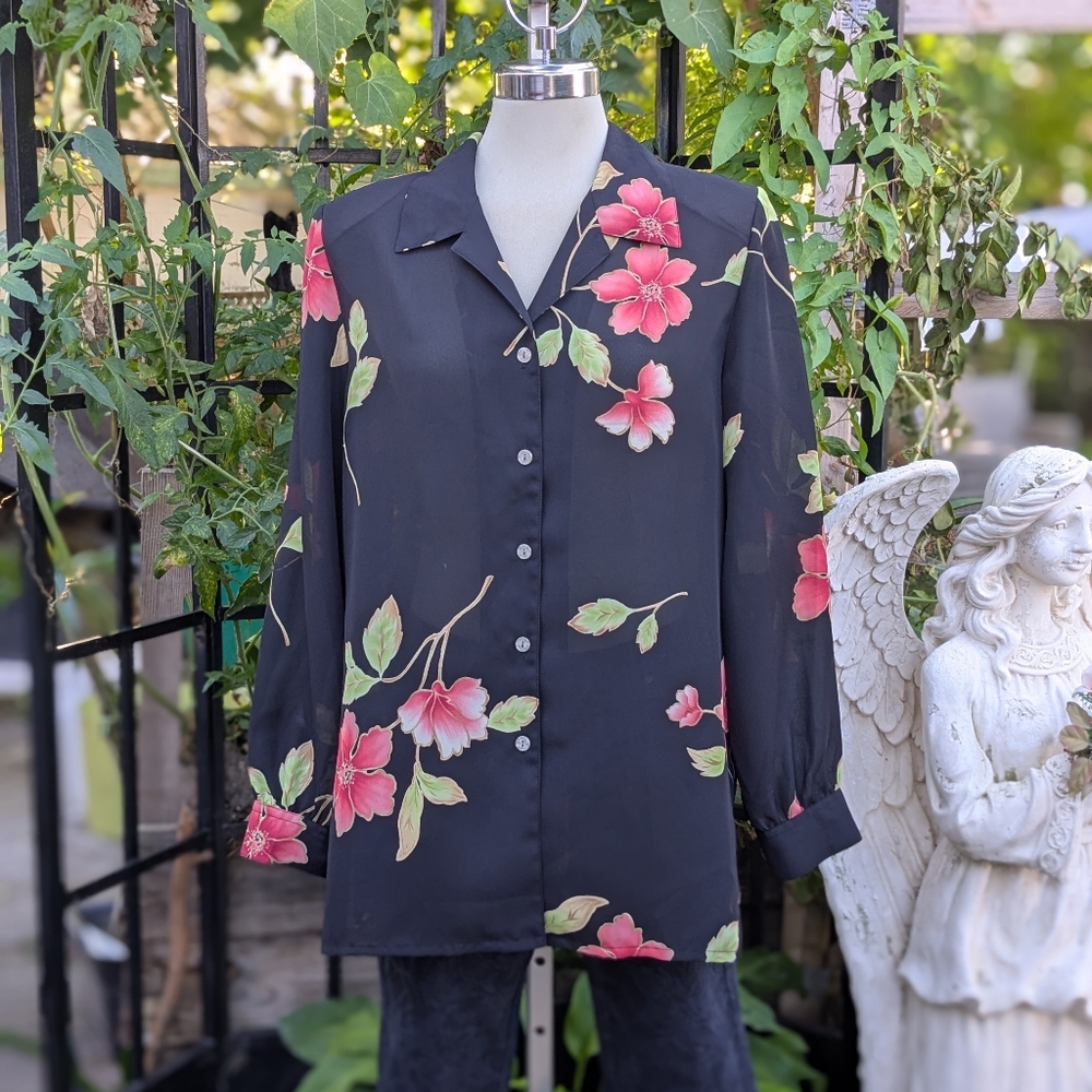 TanJay Black Blouse with Floral AccentsSize 12 Big/Tall